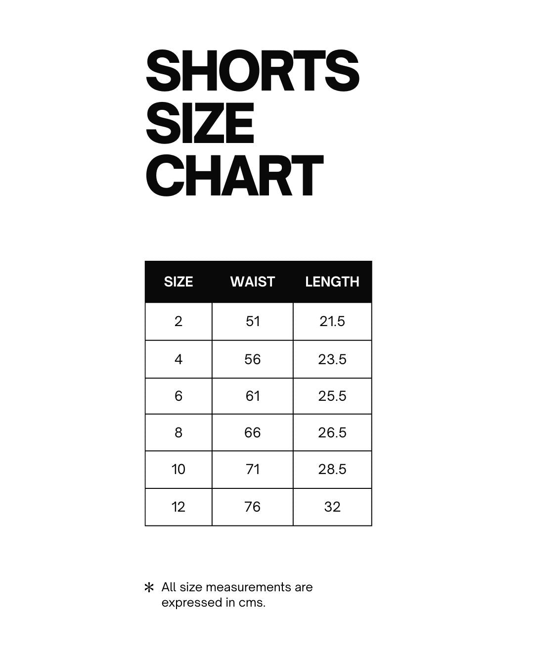 Shorts size chart with waist and length measurements in centimeters on a white background.
